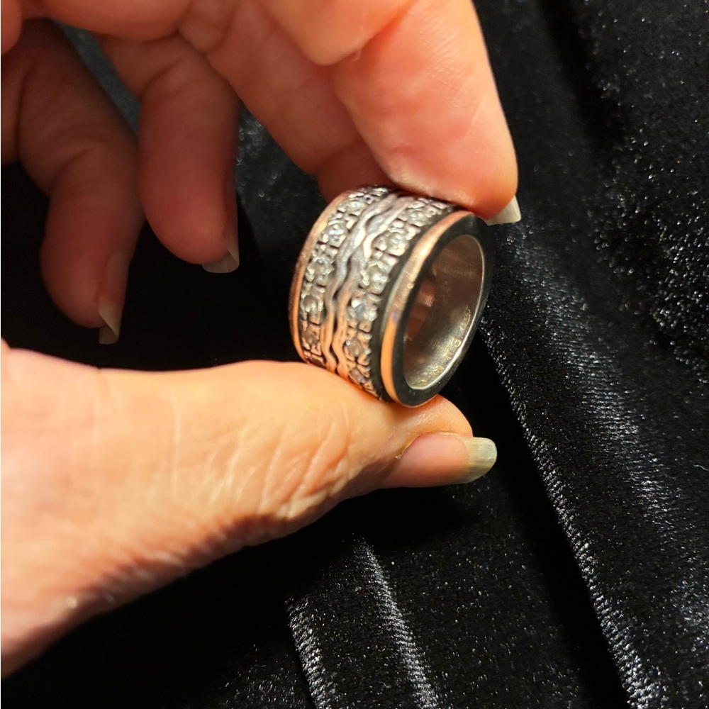 Vintage Sterling Silver CZ Stacked Statement Band Ring • Size 6 •Oxidized Finish